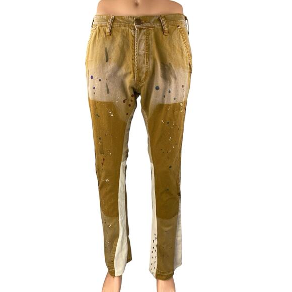 MNML Men's Brown Paint Splatter Bootcut Flared Chino Khaki Trousers Pants Sz 30 - Picture 1 of 6